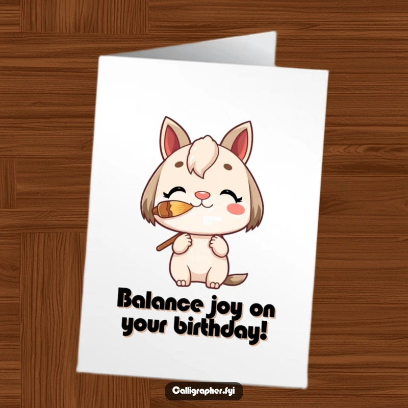 Funny Free Printable Birthday Card: Charming character precariously balancing a paintbrush on its nose, a humorous and downloadable DIY greeting.