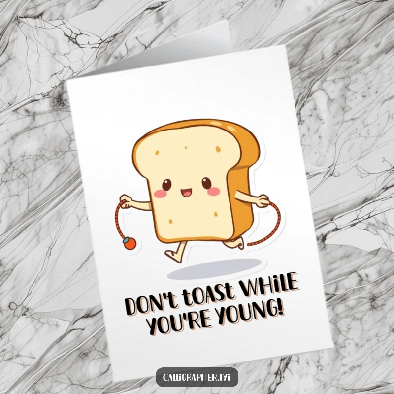 Funny Free Printable Birthday Card: A loaf of bread humorously skipping rope using its crust, celebrating a birthday.
