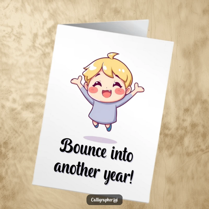 Funny Free Printable Birthday Card: Cheerful character gleefully bouncing with creative inspiration, ready to celebrate a special day.