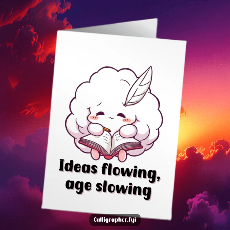 Funny Free Printable Birthday Card: Fluffy cloud with quill pen furiously writing in a notebook, expressing creative chaos.
