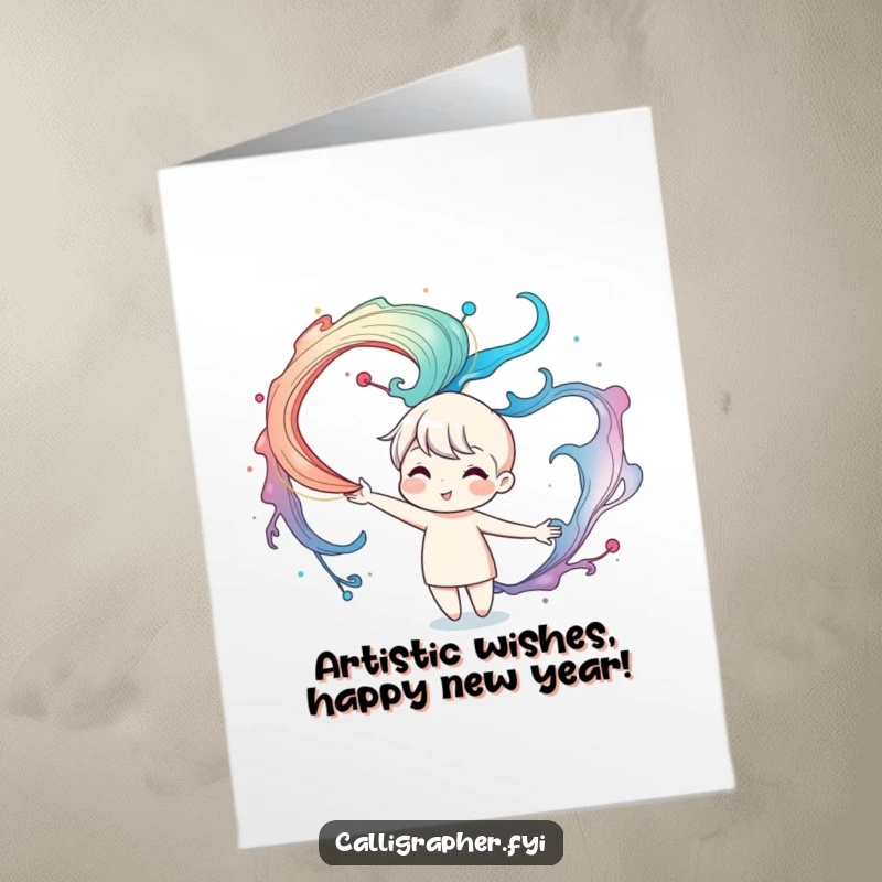 Funny Free Printable Birthday Card featuring a cute character artistically swirling colorful ink patterns with a mischievous grin.