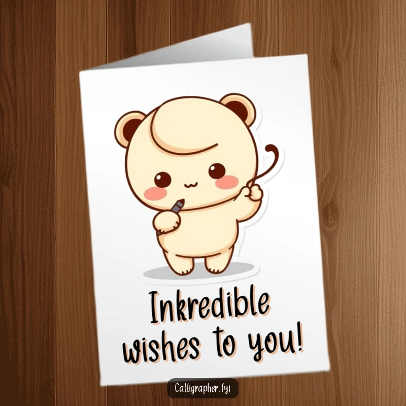 Funny Free Printable Birthday Card featuring a kawaii character artistically writing a swoosh with a calligraphy pen.