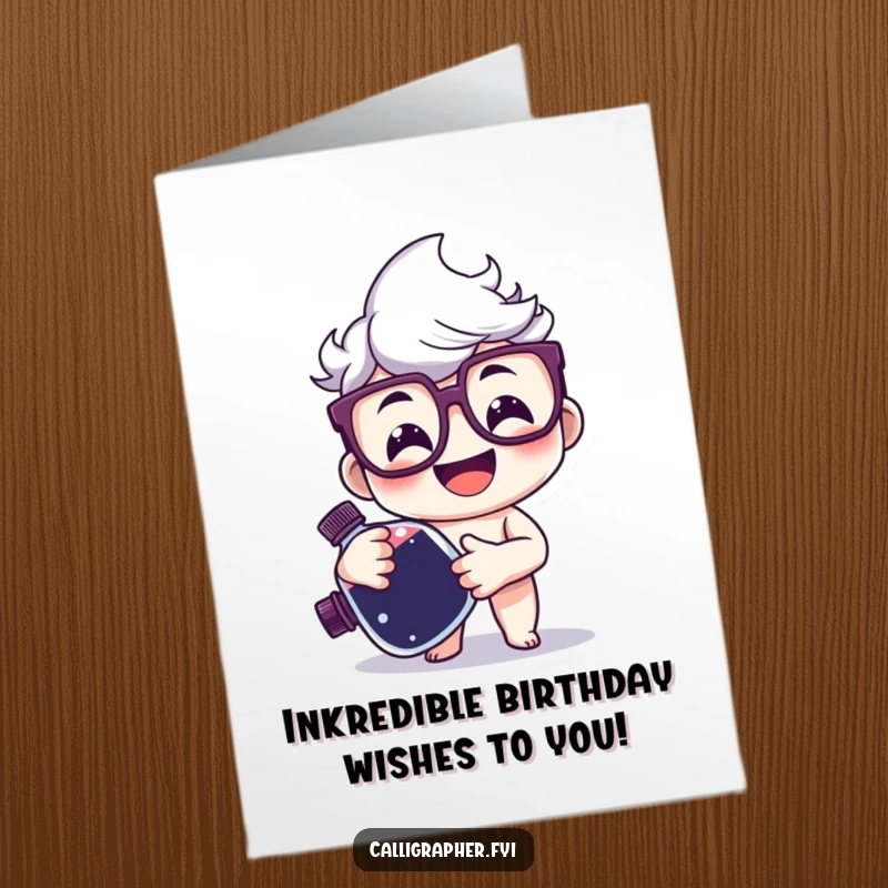 Funny Free Printable Birthday Card: Happy character with glasses smiles holding a large ink bottle, ready to write birthday wishes.