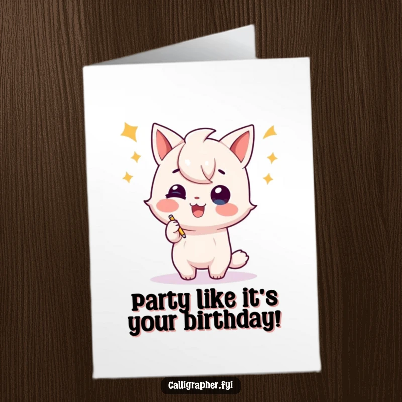 Funny Free Printable Birthday Card: A playful character finishes writing with an energetic and celebratory flourish, full of joy.