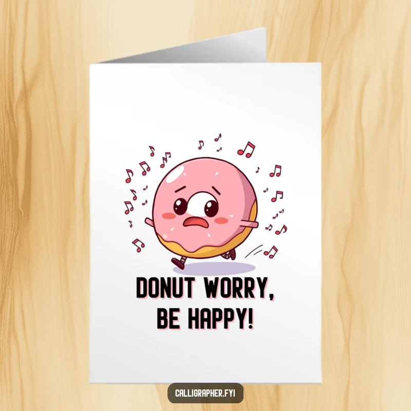 Funny Free Printable Birthday Card: Bewildered donut character running from musical notes, printable download.