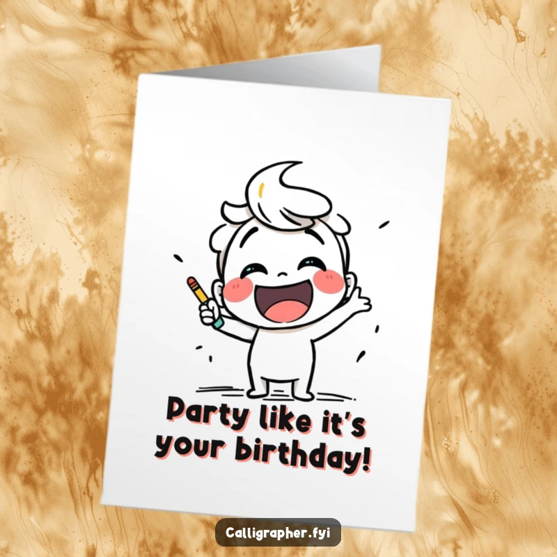 Funny Free Printable Birthday Card featuring a smiling character enthusiastically sketching with bold, vibrant lines.