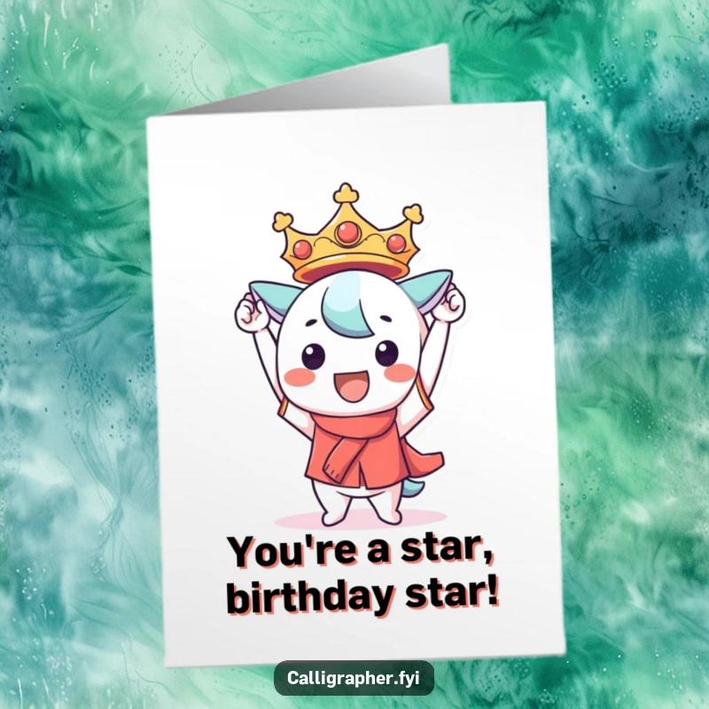 Funny Free Printable Birthday Card: Kawaii character proudly displays a flawless creation with a smile, a triumphant downloadable.