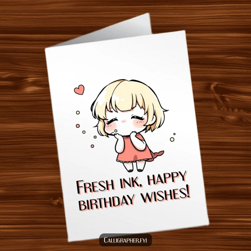 Funny Free Printable Birthday Card: a cute character gently blows on a freshly inked design, representing careful creation and celebration.