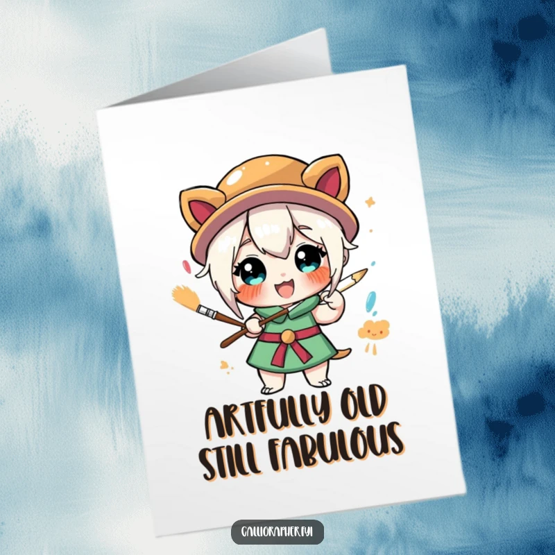 Funny Free Printable Birthday Card: Stylized character joyfully painting with a giant brush, spreading artistic birthday cheer.