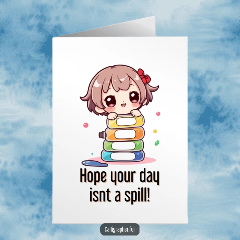 Funny Free Printable Birthday Card: Cute character precariously balancing a tall stack of colorful ink bottles.