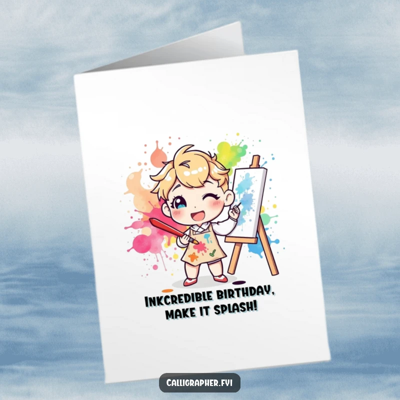 Funny Free Printable Birthday Card: Artist splattering colorful ink with a brush, creative and hilarious DIY gift.