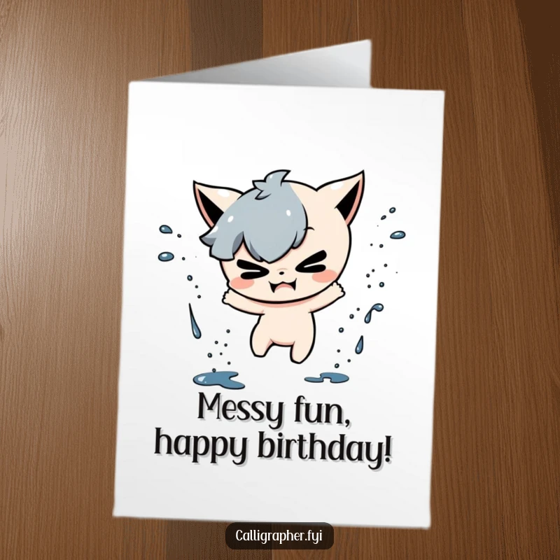 Funny Free Printable Birthday Card featuring a mischievous character playfully splattering colourful ink drops for a wild celebration.
