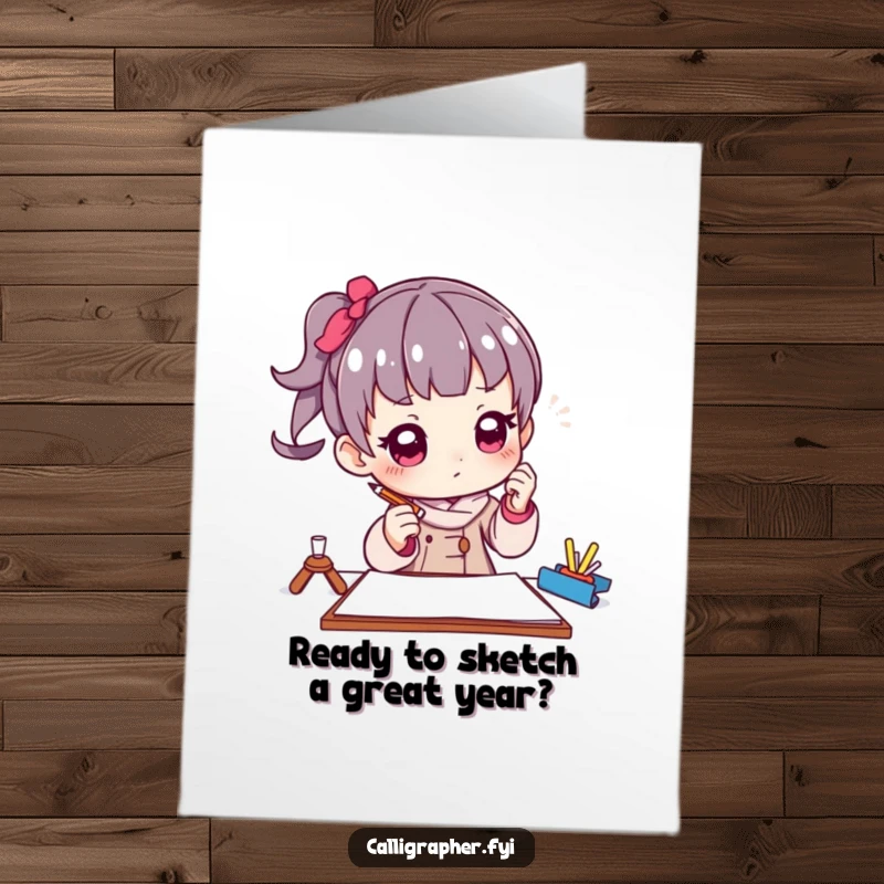 Funny Free Printable Birthday Card: Artist in a thoughtful pose with a pencil over paper, contemplating art.