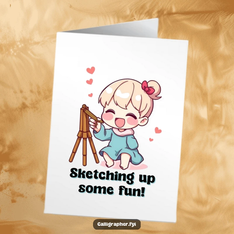 Funny Free Printable Birthday Card: Character happily sketching a whimsical design, spreading birthday creativity.