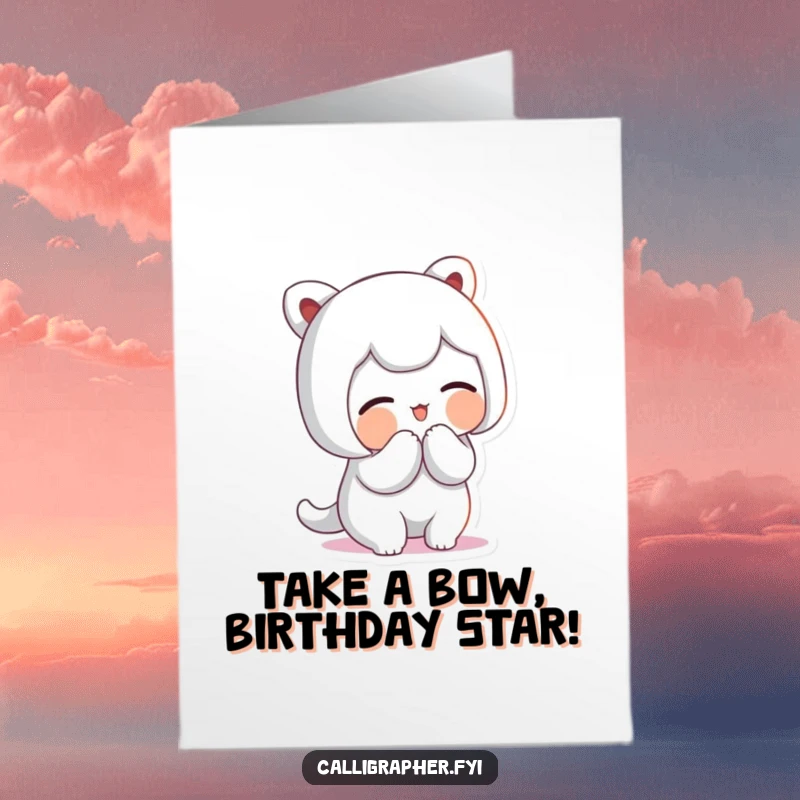 Funny Free Printable Birthday Card: Cute character bowing elegantly with a proud smile and artistic flourish.