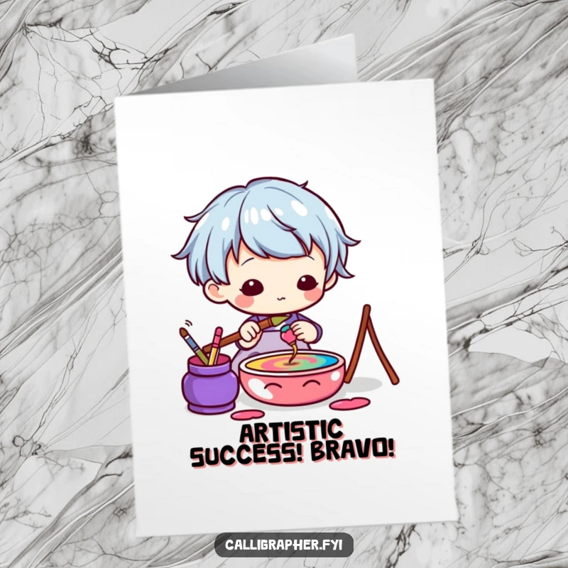 Funny Free Printable Congrats Card: Kawaii artist character prepares to paint with a colorful ink pot, celebrating achievement.