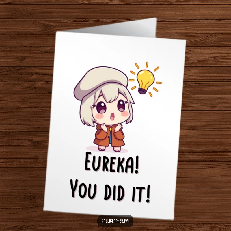 Funny Free Printable Congratulations Card: Surprised character with beret reacts to a brilliant artistic idea, celebrating achievement.