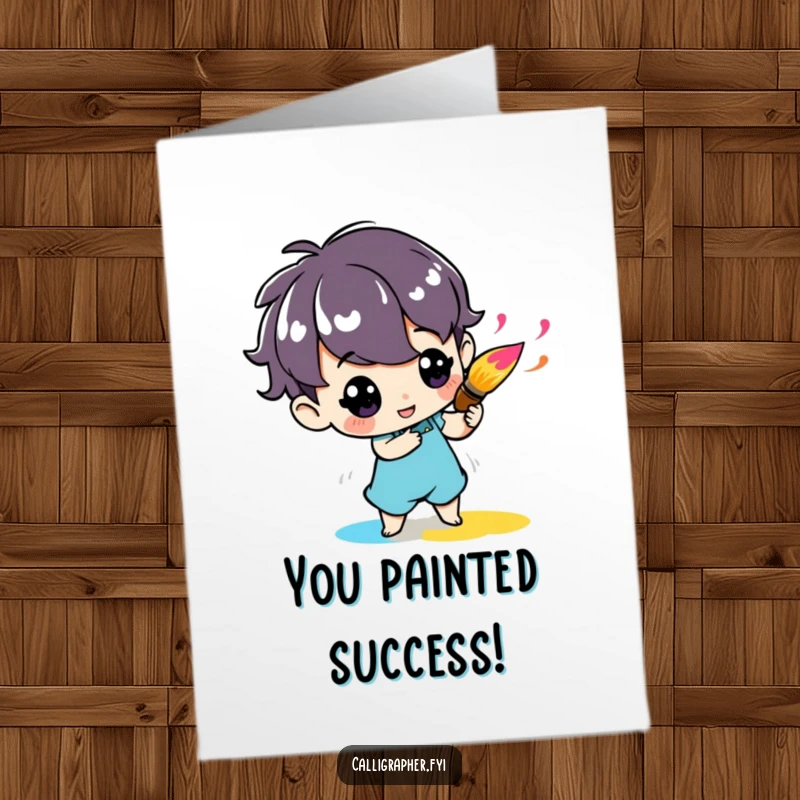 Funny Free Printable Congratulations Card: Cute character twirls a paintbrush with vibrant ink, celebrating success.