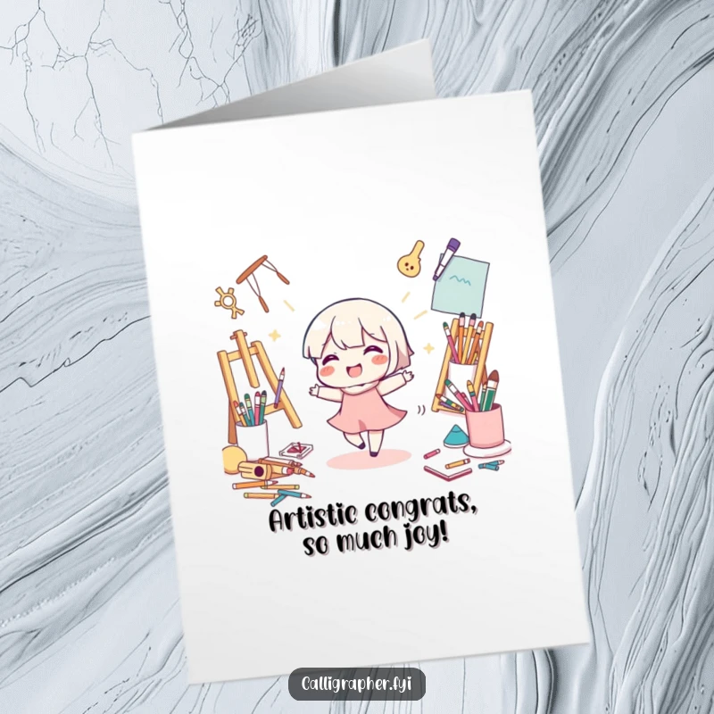 Funny Free Printable Congrats Card showcasing a cute character doing a lively dance surrounded by colorful art supplies, signifying vibrant achievement.