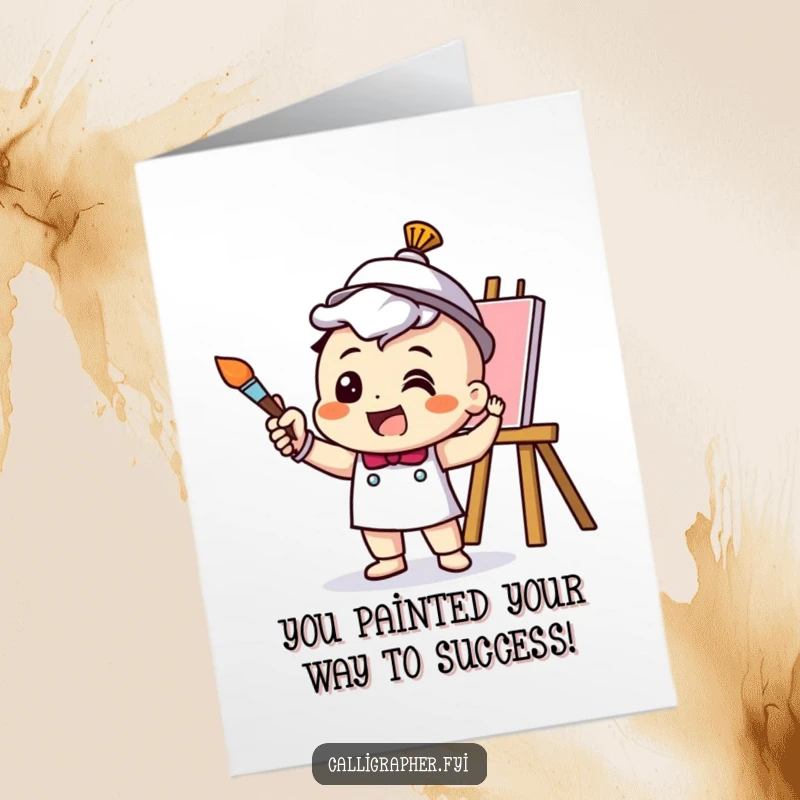 Funny Free Printable Congratulations Card: Cheerful artist character mid-stroke with a paintbrush, celebrating success with artistic flair.