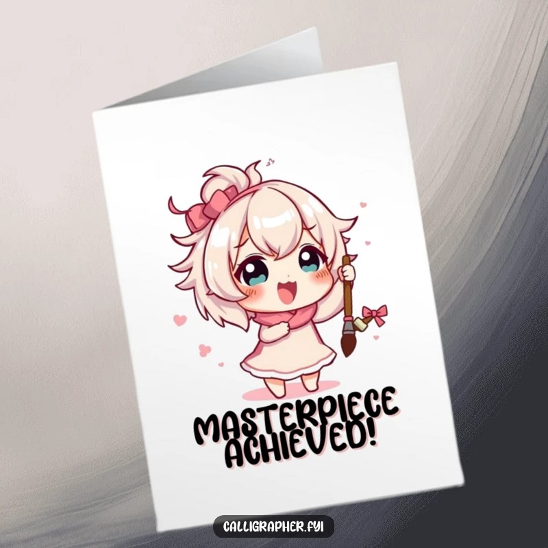 Funny Free Printable Congratulations Card: A cute character enthusiastically paints a large, expressive flourish with a brush, celebrating success.