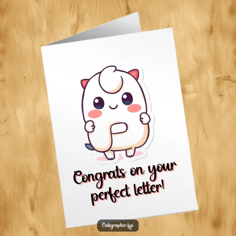 Funny Free Printable Congrats Card showing a cute character beaming while presenting a flawlessly crafted, stylized letter, perfect for any achievement.