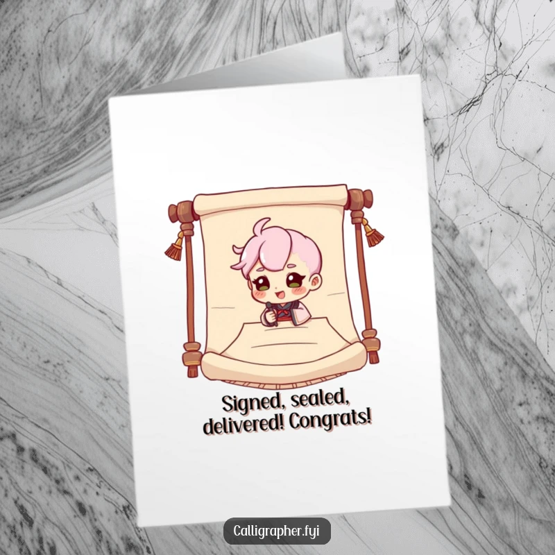Funny Free Printable Congrats Card: Cute character signing a large scroll with a dramatic flourish, celebrating achievement.