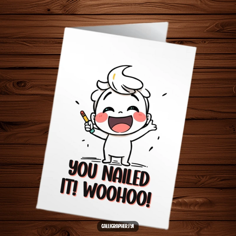 Funny Free Printable Congratulations Card showing an excited character energetically sketching with bold, expressive strokes.