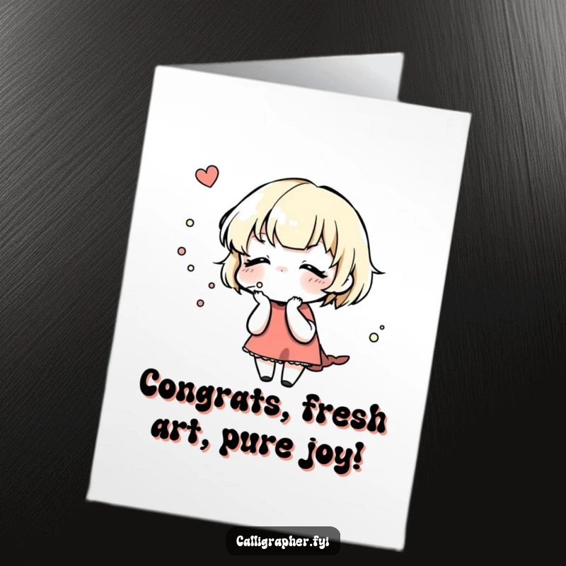 Funny Free Printable Congrats Card showing a cute character gently blowing on a wet ink design, symbolizing the final touch of a great achievement.