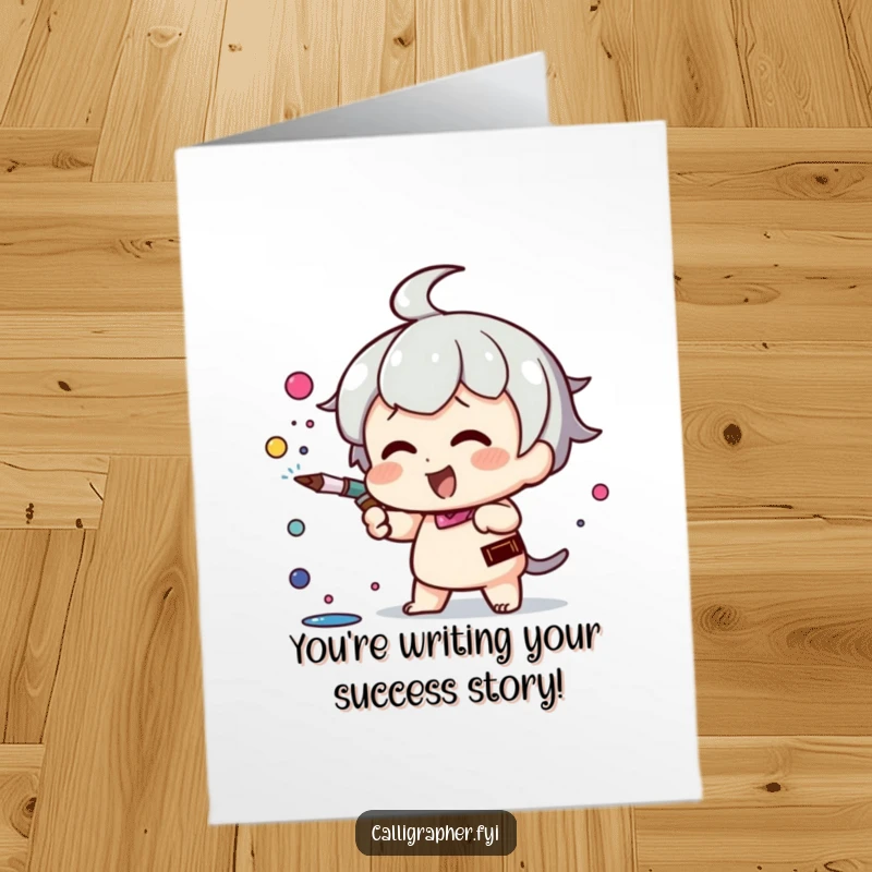 Funny Free Printable Congrats Card: Kawaii character enthusiastically sprays ink from a pen nib, symbolizing creative accomplishment, a downloadable gem.