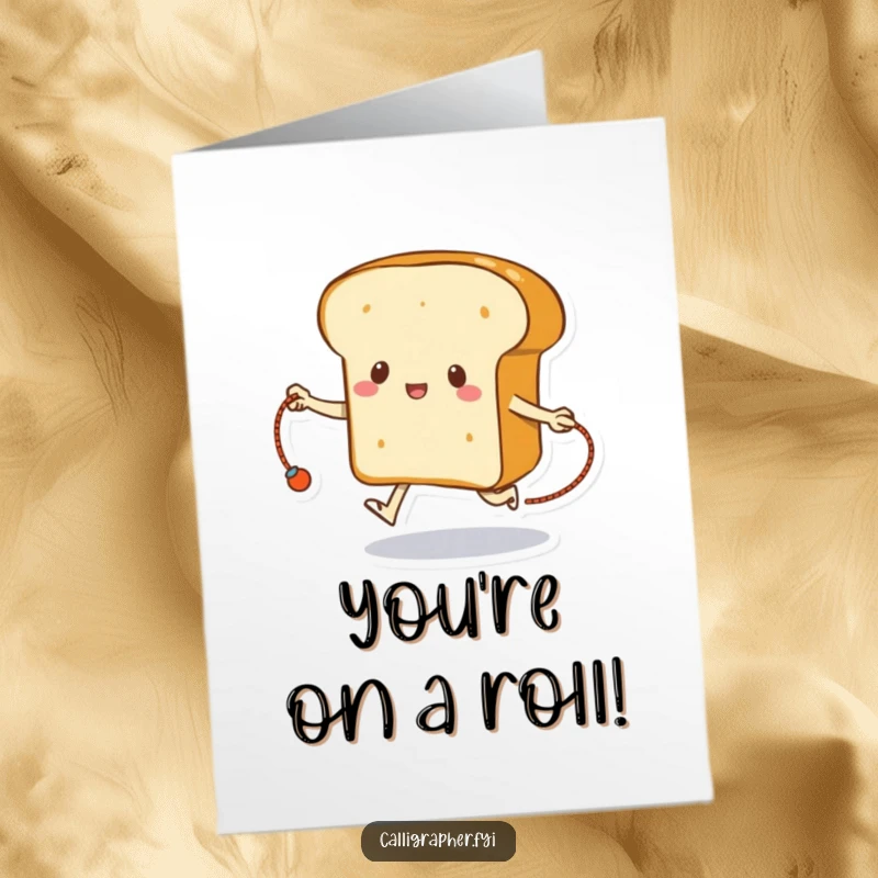 Funny Free Printable Congrats Card: A loaf of bread energetically skipping rope with its crust, symbolizing achievement.