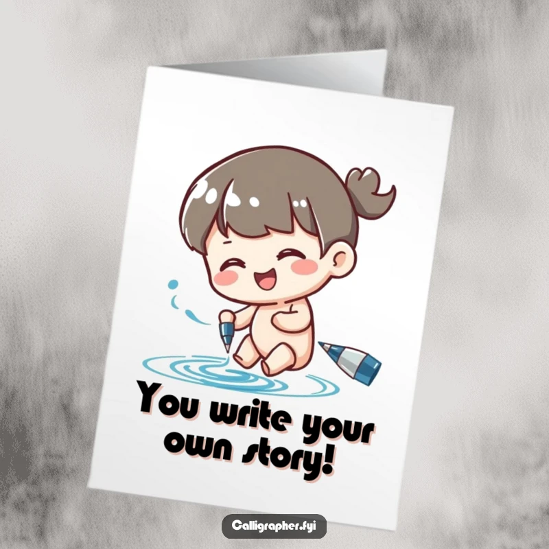 Funny Free Printable Congratulations Card showing a cute character swirling ink from a pen with joyful concentration.