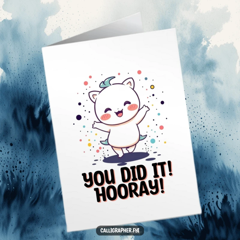 Funny free printable congratulations card showing a kawaii character in a proud artist pose, beret on head.