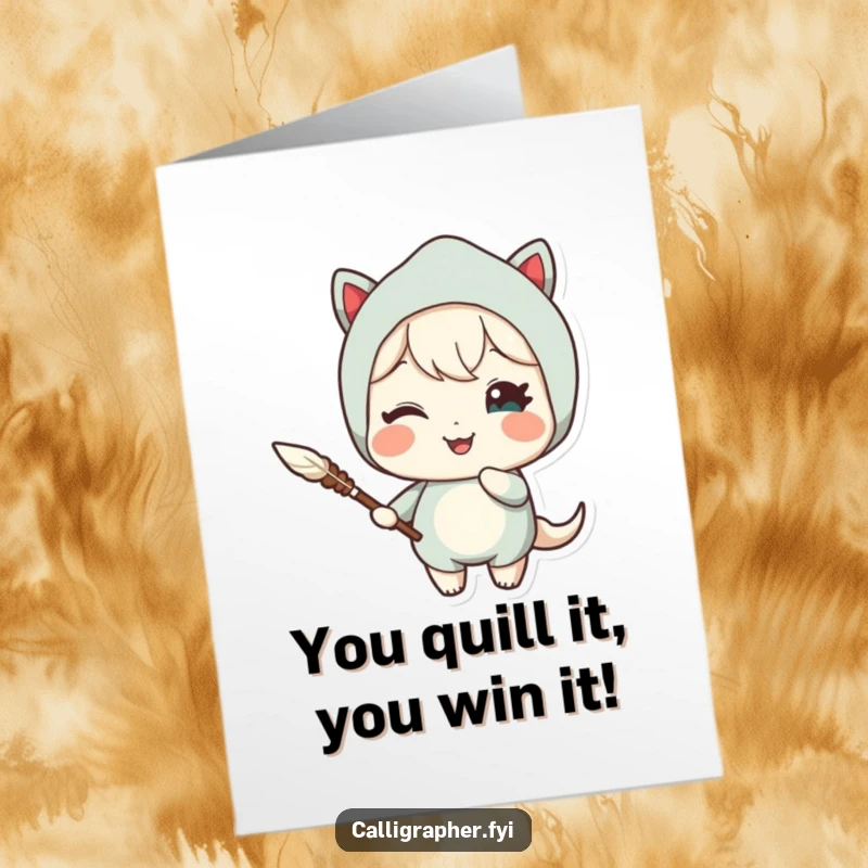 Funny Free Printable Congratulations Card: A cute character holding a quill and winking with delight, celebrating an achievement.