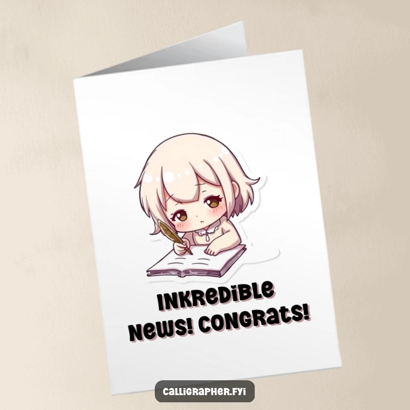 Funny Free Printable Congratulations Card showing a character writing with a quill, celebrating success with humor.