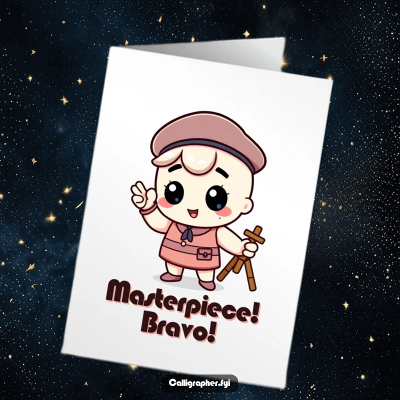 Funny free printable congratulations card of a kawaii character in a beret, posing like a proud artist.