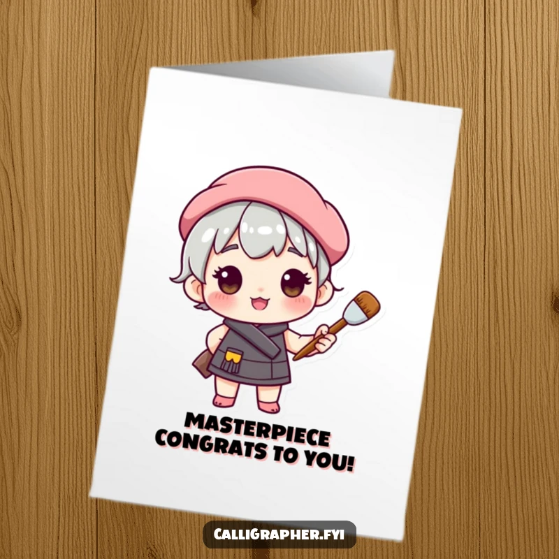 Funny Free Printable Congrats Card: Cute artist character in a beret, paintbrush in hand, proudly celebrating a monumental achievement.