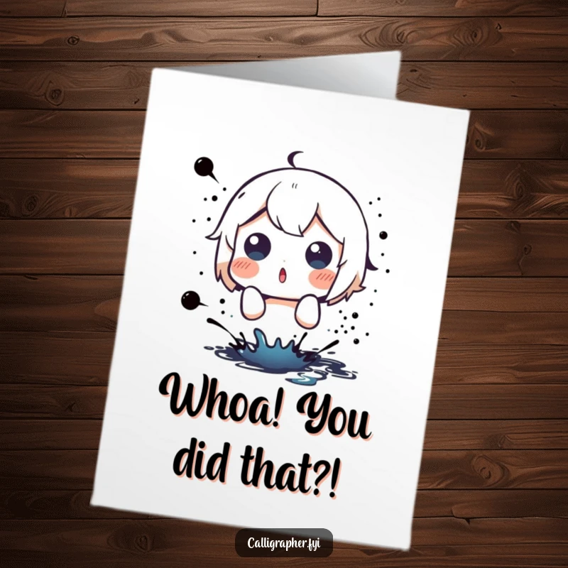Funny Free Printable Congratulations Card: Cute character shocked by a sudden ink splatter, perfect for celebrating surprises.