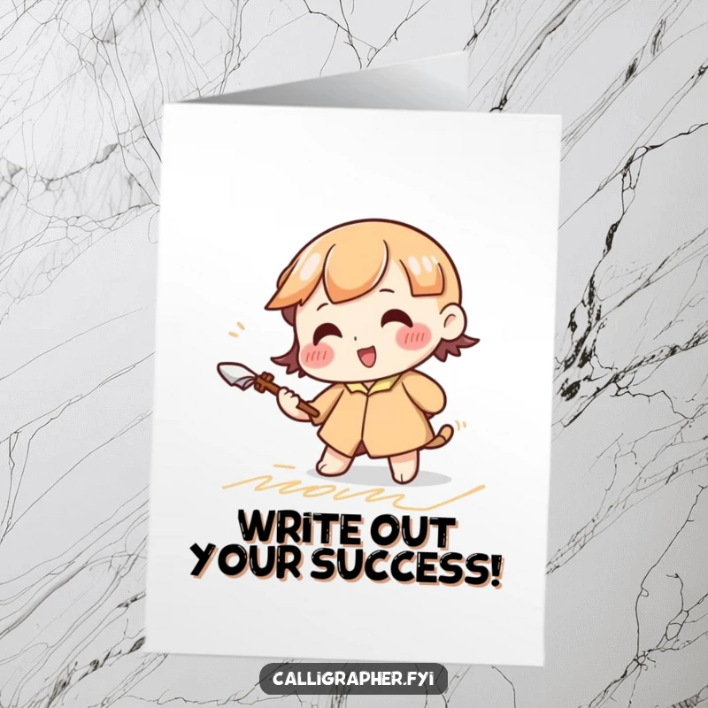 Funny Free Printable Congratulations Card: A character happily practices elegant cursive strokes with a large quill, congratulating someone.