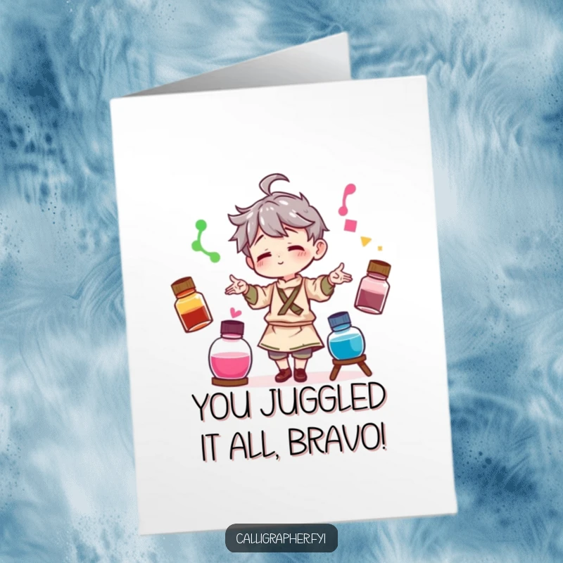 Funny Free Printable Congratulations Card: Artist juggling ink bottles, celebrating artistic achievements with flair.