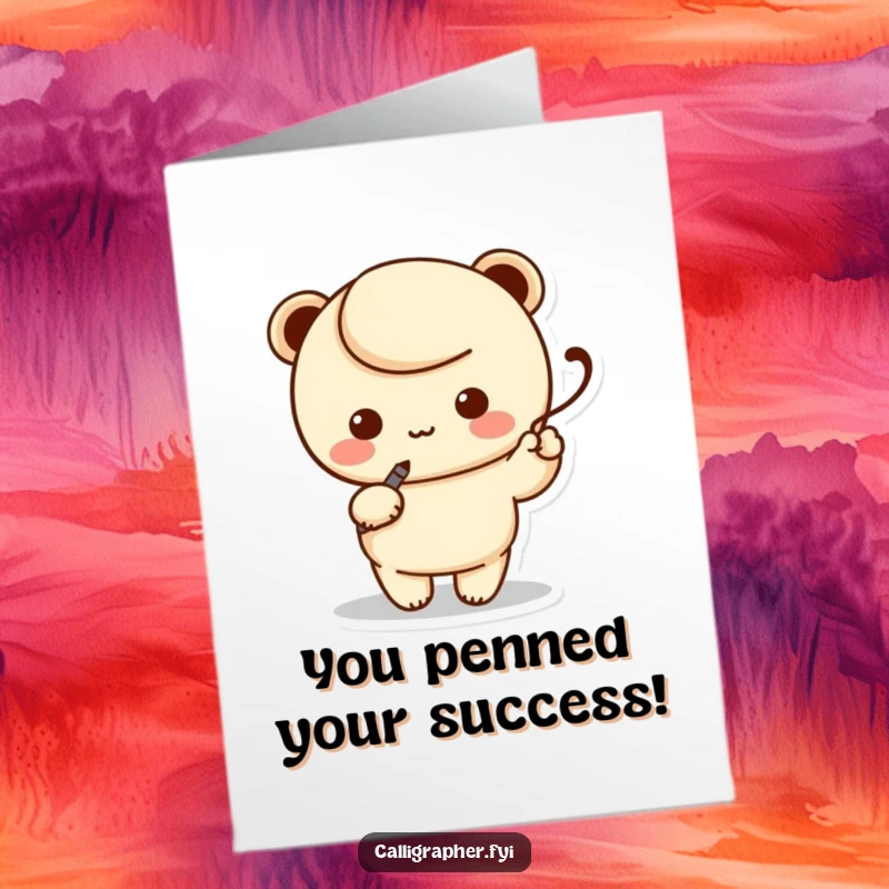 Funny Free Printable Congrats Card showing a kawaii character writing a celebratory swoosh with a pen.