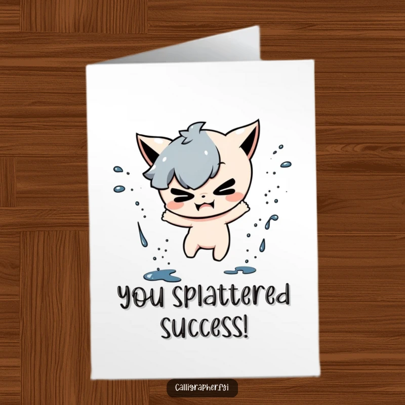 Funny Free Printable Congratulations Card: Mischievous character playfully splattering ink drops in a jubilant, chaotic display.
