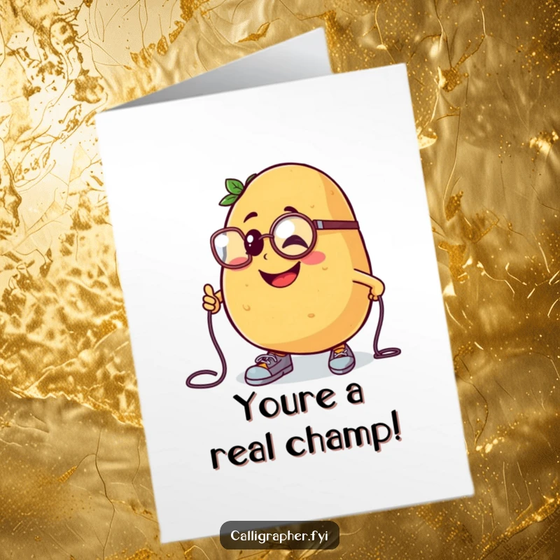 Funny Free Printable Congrats Card: Cheerful potato character tripping, monocle, downloadable congrats.