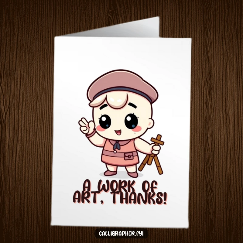 Funny free printable thank you card showing a kawaii character wearing a beret, posing proudly as an artist.