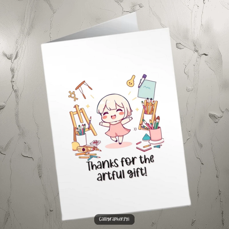 Funny Free Printable Thank You Card featuring a cute character in a happy dance surrounded by art supplies, conveying creative gratitude.