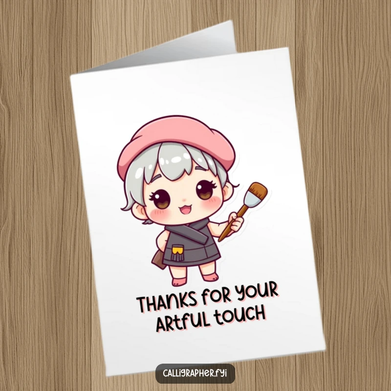 Funny Free Printable Thank You Card: Cute artist character in a beret, brush poised, painting a beautiful expression of thanks.