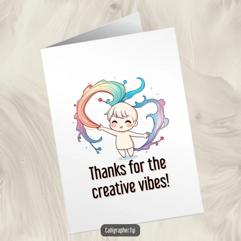 Funny Free Printable Thank You Card: a cute character crafting beautiful ink swirls as a token of appreciation.