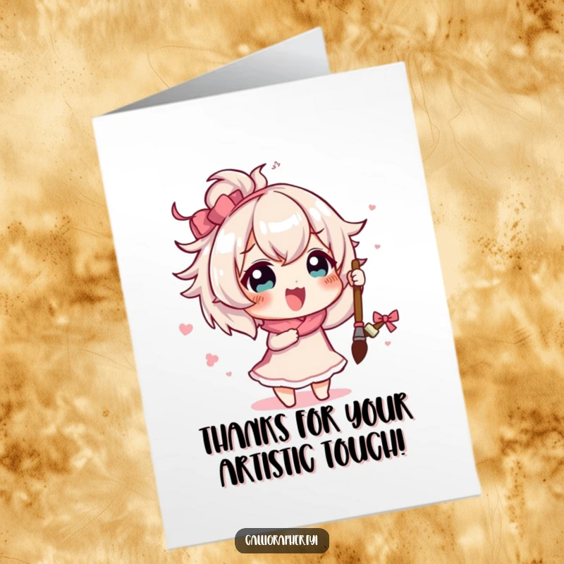Funny Free Printable Thank You Card: A cute character happily paints a bold flourish with a brush, expressing thanks artistically.