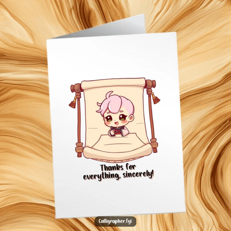 Funny Free Printable Thank You Card: Cute character dramatically signing a large scroll, conveying formal thanks with humor.