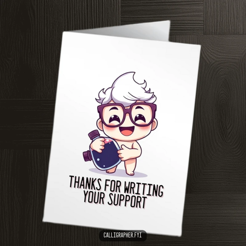 Funny Free Printable Thank You Card: Happy character with glasses smiles, holding a large ink bottle, showing gratitude with style.